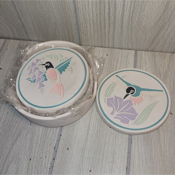 Vtg Southwestern Hummingbird Ceramic Coaster Set Of 4 NWOT Coastal Boho - Picture 8 of 11